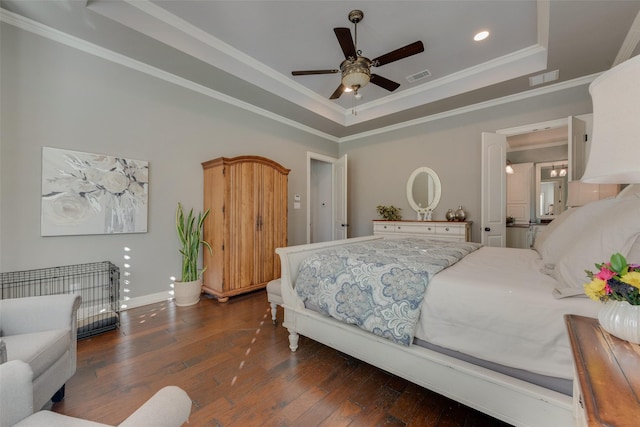 105 Orion Ct, Aurora, TX 76078 - bedroom with a raised ceiling, hardwood / wood-style flooring, crown molding, recessed lighting, and baseboards