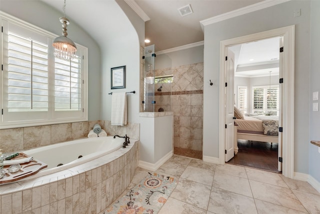 105 Orion Ct, Aurora, TX 76078 - full bath featuring a whirlpool tub, a walk in shower, ensuite bathroom, ornamental molding, and baseboards