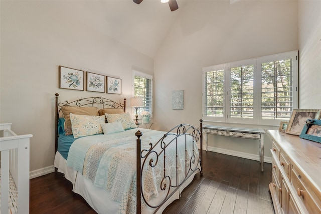 105 Orion Ct, Aurora, TX 76078 - bedroom featuring high vaulted ceiling, dark wood finished floors, baseboards, and a ceiling fan