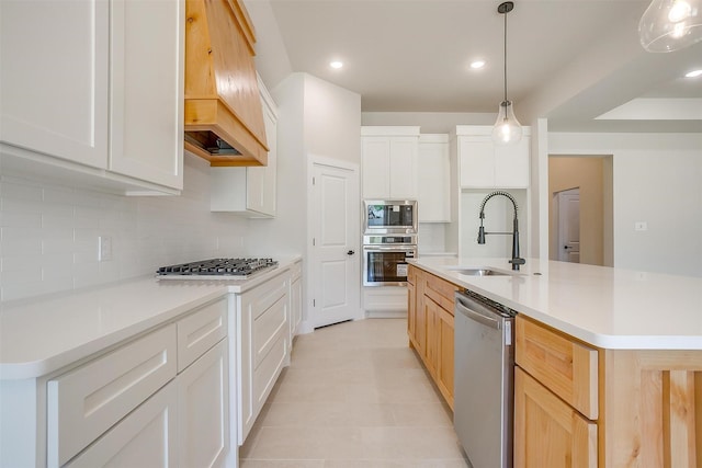 2602 23rd St, Fort Worth, TX 76106 - kitchen with a sink, stainless steel appliances, backsplash, custom exhaust hood, and light countertops