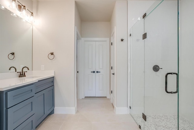 2602 23rd St, Fort Worth, TX 76106 - bathroom with vanity, tile patterned floors, a stall shower, and baseboards