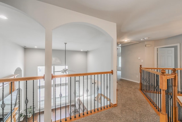 5424 Yellow Birch Dr, Fort Worth, TX 76244 - corridor featuring arched walkways, baseboards, carpet, recessed lighting, and an upstairs landing