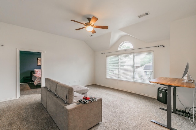 5424 Yellow Birch Dr, Fort Worth, TX 76244 - carpeted living room with ceiling fan, vaulted ceiling, and baseboards