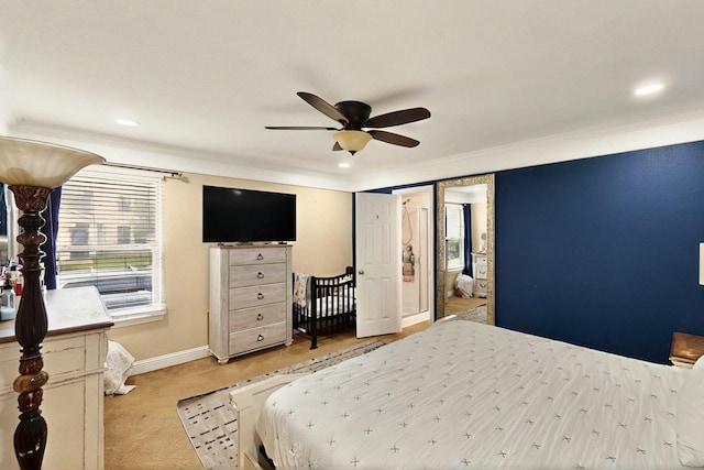 2715 Myopia Ct, Dallas, TX 75253 - bedroom with crown molding, baseboards, light carpet, recessed lighting, and a ceiling fan
