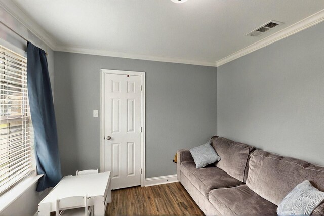 2715 Myopia Ct, Dallas, TX 75253 - living room featuring ornamental molding, dark wood-type flooring, and baseboards