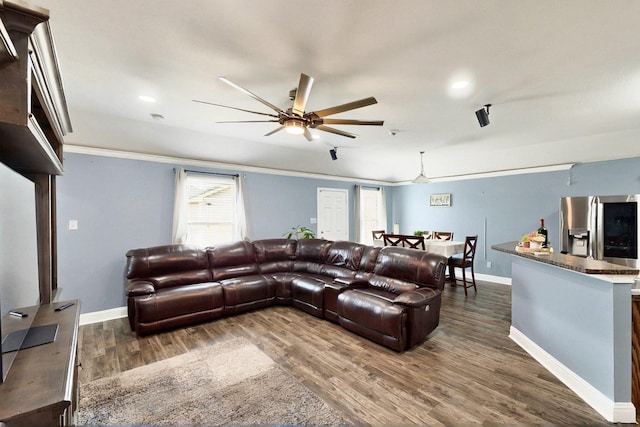 2715 Myopia Ct, Dallas, TX 75253 - living room featuring baseboards, a ceiling fan, wood finished floors, recessed lighting, and ornamental molding