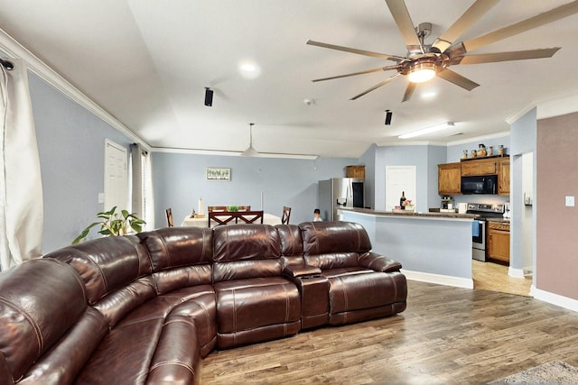 2715 Myopia Ct, Dallas, TX 75253 - living area with ornamental molding, light wood-style flooring, ceiling fan, and baseboards