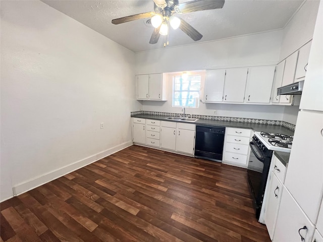 1801 6th St, Brownwood, TX 76801 - kitchen featuring black appliances, dark countertops, a sink, dark wood-type flooring, and under cabinet range hood