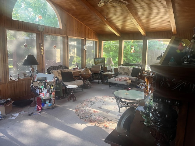 1212 Oakwood Trl, Southlake, TX 76092 - sunroom with wood walls, carpet, beam ceiling, an outdoor living space, and ceiling fan