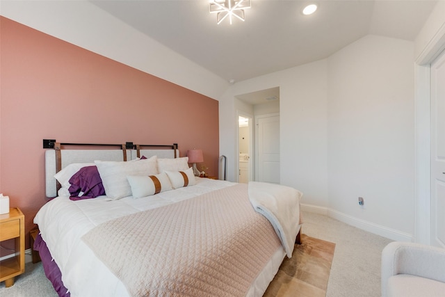 1308 Redbrick Ln, Northlake, TX 76247 - bedroom with vaulted ceiling, light carpet, baseboards, connected bathroom, and recessed lighting