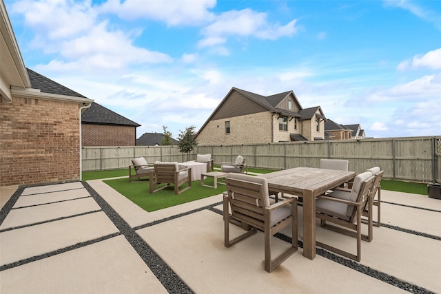 1308 Redbrick Ln, Northlake, TX 76247 - fenced backyard with a patio area, an outdoor living space, outdoor dining space, and a residential view