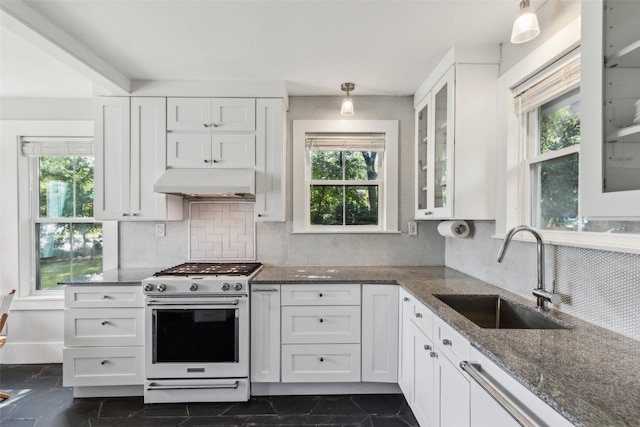 3718 Tulsa Way, Fort Worth, TX 76107 - kitchen featuring white appliances, under cabinet range hood, a sink, white cabinets, and glass insert cabinets
