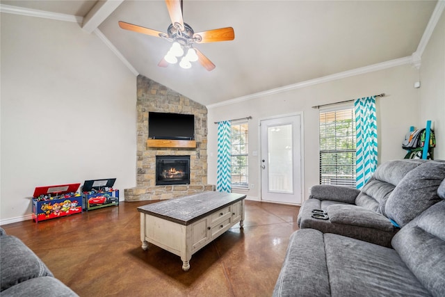 14125 Lone Pne, Brownsboro, TX 75756 - living room featuring a ceiling fan, a stone fireplace, finished concrete floors, crown molding, and baseboards