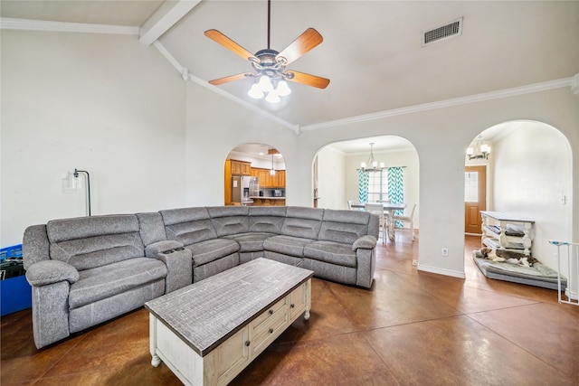 14125 Lone Pne, Brownsboro, TX 75756 - living room with arched walkways, a chandelier, ceiling fan, concrete flooring, and baseboards