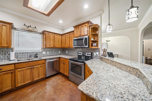 14125 Lone Pne, Brownsboro, TX 75756 - kitchen with stainless steel appliances, a sink, brown cabinetry, crown molding, and recessed lighting