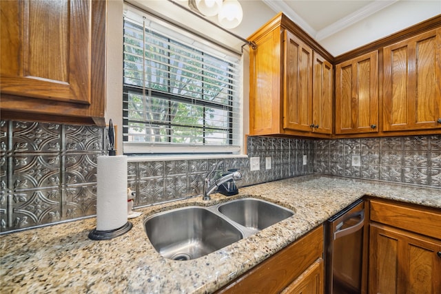 14125 Lone Pne, Brownsboro, TX 75756 - kitchen featuring a sink, decorative backsplash, brown cabinetry, dishwasher, and light stone countertops