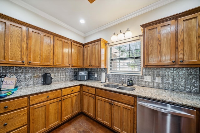 14125 Lone Pne, Brownsboro, TX 75756 - kitchen with stainless steel dishwasher, a sink, brown cabinets, crown molding, and backsplash