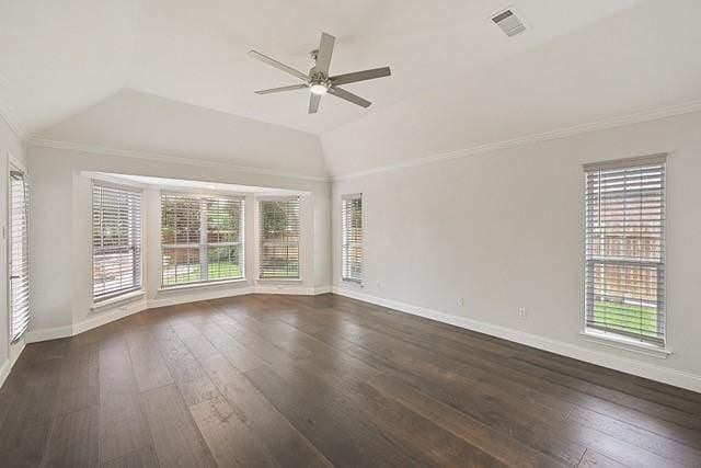 711 Saratoga Dr, Southlake, TX 76092 - empty room featuring plenty of natural light, ceiling fan, baseboards, lofted ceiling, and crown molding