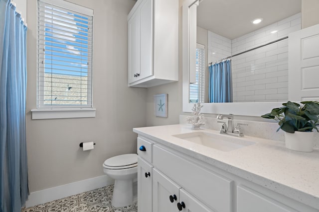 410 Travelers Ter, Argyle, TX 76226 - bathroom featuring baseboards, vanity, toilet, curtained shower, and tile patterned floors