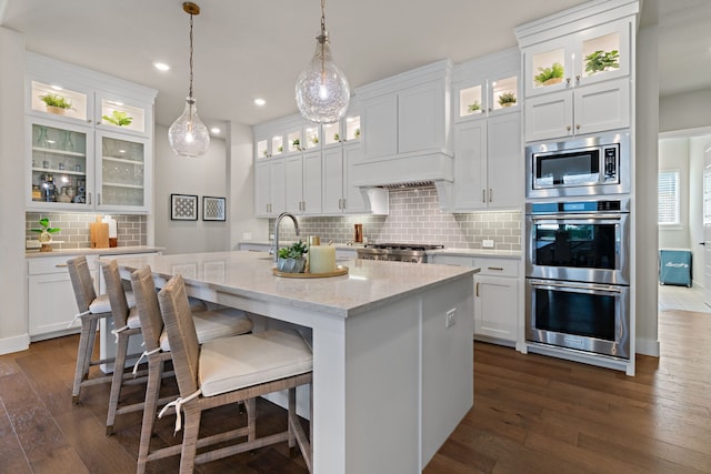 410 Travelers Ter, Argyle, TX 76226 - kitchen featuring stainless steel appliances, tasteful backsplash, a kitchen island with sink, dark wood-style flooring, and white cabinetry