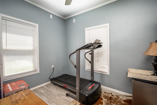 101 E Mulberry St, Decatur, TX 76234 - workout area featuring wood finished floors, baseboards, ornamental molding, and a ceiling fan