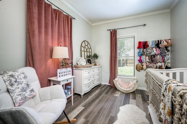 101 E Mulberry St, Decatur, TX 76234 - bedroom featuring crown molding, dark wood-style floors, and baseboards