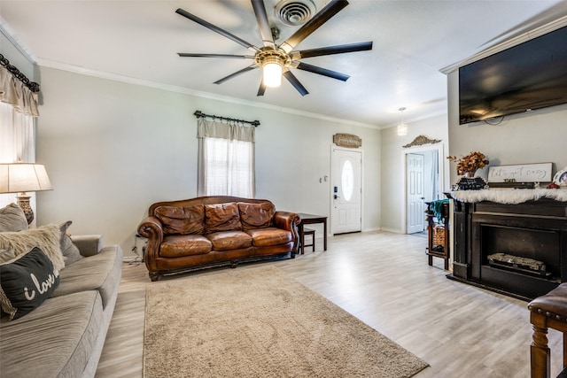 101 E Mulberry St, Decatur, TX 76234 - living room with ceiling fan, light wood-type flooring, crown molding, and baseboards