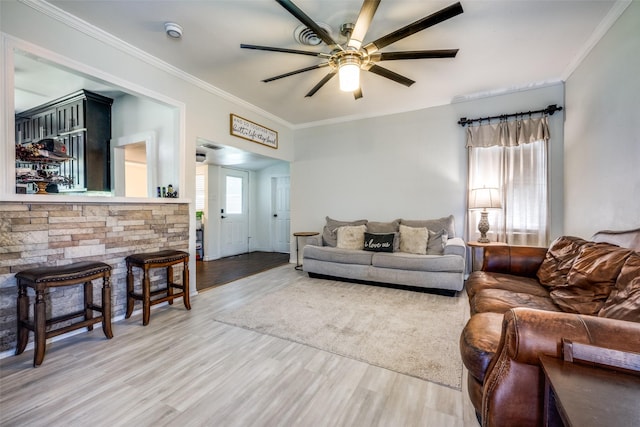 101 E Mulberry St, Decatur, TX 76234 - living area featuring ornamental molding, a ceiling fan, and wood finished floors