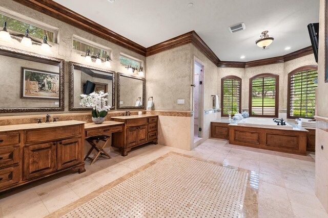 1612 S Lakeshore Dr, Rockwall, TX 75087 - full bathroom featuring ornamental molding, double vanity, a shower stall, a garden tub, and tile patterned flooring