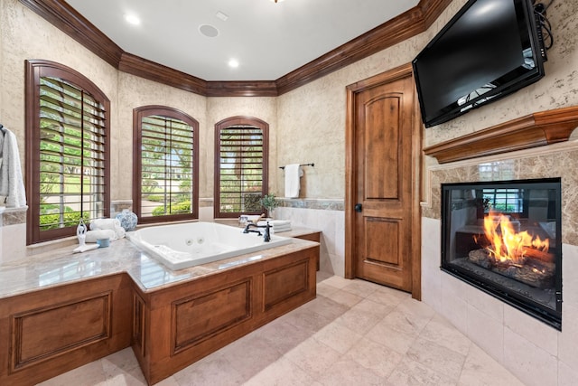 1612 S Lakeshore Dr, Rockwall, TX 75087 - full bath featuring ornamental molding, a jetted tub, and a tile fireplace