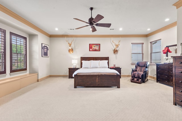 1612 S Lakeshore Dr, Rockwall, TX 75087 - bedroom featuring light carpet, ornamental molding, multiple windows, baseboards, and recessed lighting