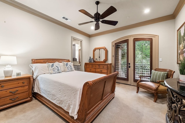 1612 S Lakeshore Dr, Rockwall, TX 75087 - bedroom featuring french doors, light carpet, access to outside, crown molding, and a ceiling fan