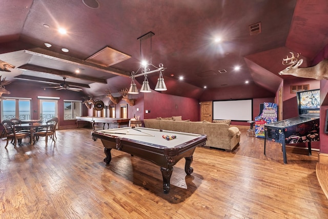 1612 S Lakeshore Dr, Rockwall, TX 75087 - playroom featuring vaulted ceiling, wood finished floors, pool table, ceiling fan, and recessed lighting