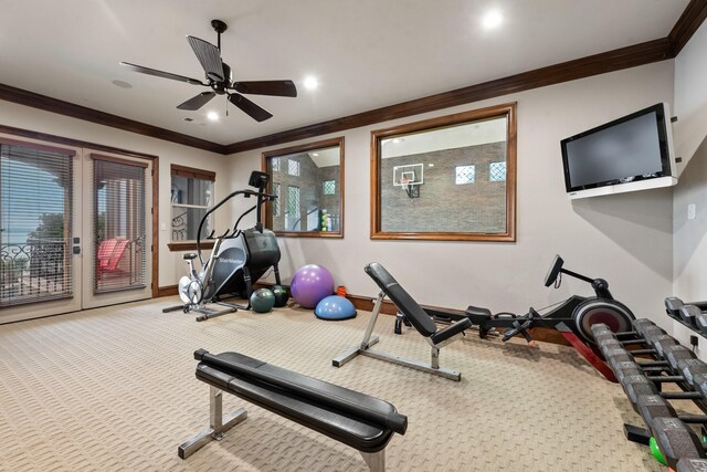 1612 S Lakeshore Dr, Rockwall, TX 75087 - exercise room with crown molding, carpet, baseboards, a ceiling fan, and recessed lighting