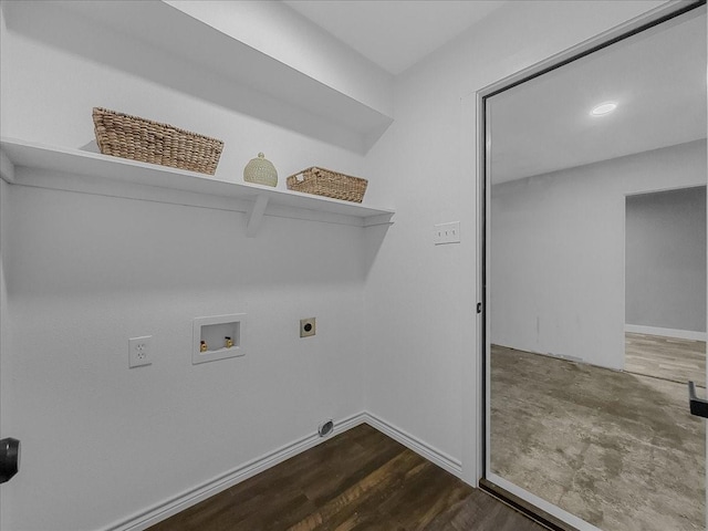 777 NW Charlyne Dr, Burleson, TX 76028 - laundry area featuring washer hookup, electric dryer hookup, dark wood-style flooring, and baseboards