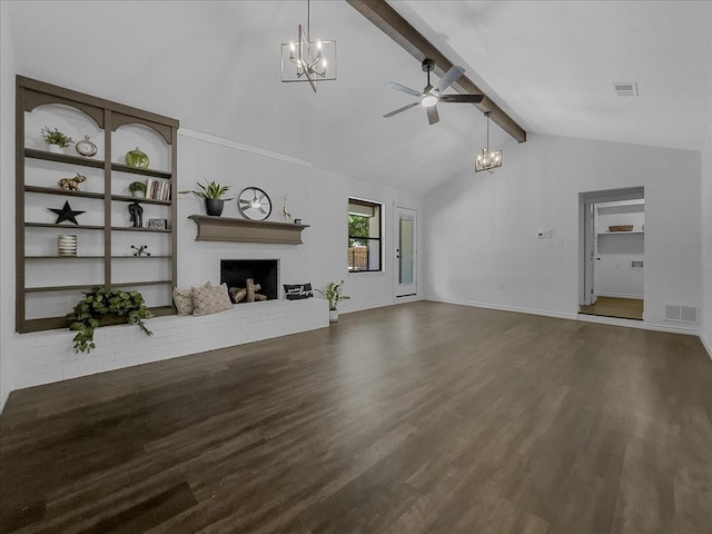 777 NW Charlyne Dr, Burleson, TX 76028 - unfurnished living room with a chandelier, a ceiling fan, a brick fireplace, beam ceiling, and wood finished floors