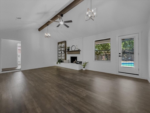 777 NW Charlyne Dr, Burleson, TX 76028 - unfurnished living room with a chandelier, wood finished floors, a brick fireplace, ceiling fan, and baseboards
