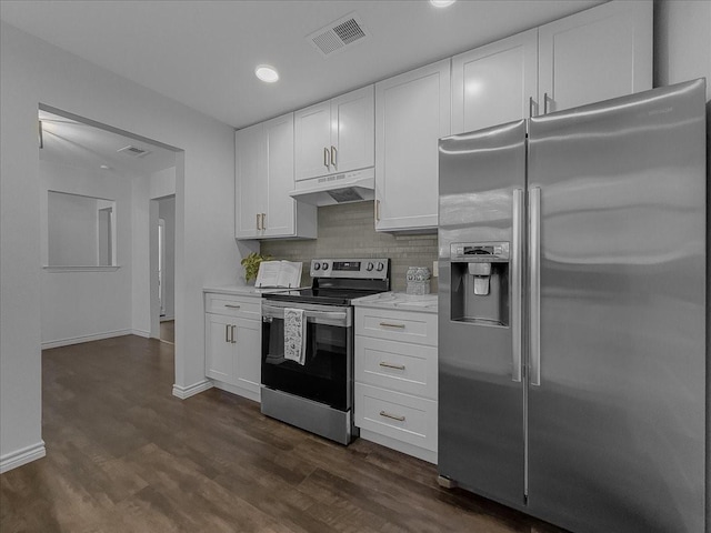 777 NW Charlyne Dr, Burleson, TX 76028 - kitchen with stainless steel appliances, under cabinet range hood, dark wood finished floors, tasteful backsplash, and white cabinetry