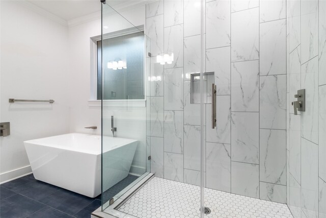 216 Pauline St, Arp, TX 75750 - full bathroom featuring a shower stall, crown molding, a soaking tub, and tile patterned floors