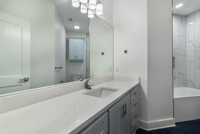 216 Pauline St, Arp, TX 75750 - full bathroom featuring a tub, vanity, baseboards, tile patterned floors, and toilet