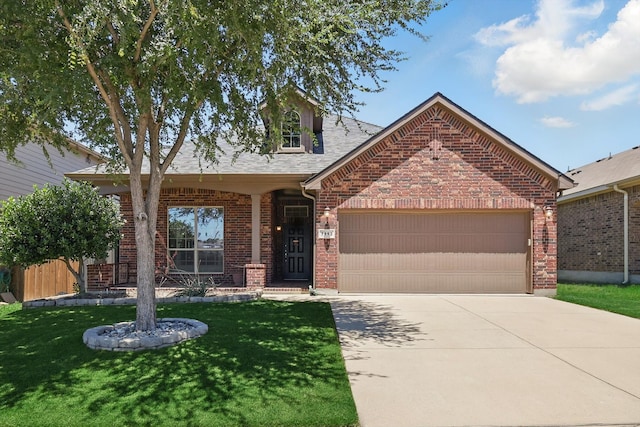 7113 Creighton Ct, Fort Worth, TX 76120 - view of front of house with brick siding, an attached garage, a front lawn, and concrete driveway
