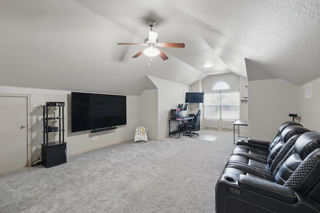 7113 Creighton Ct, Fort Worth, TX 76120 - carpeted living area with lofted ceiling, ceiling fan, and baseboards