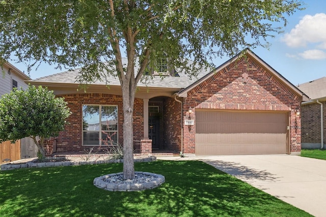7113 Creighton Ct, Fort Worth, TX 76120 - view of front of house with brick siding, concrete driveway, and an attached garage