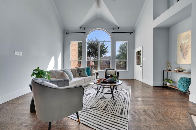 1102 Mccormick St, Garland, TX 75040 - living area with baseboards, crown molding, high vaulted ceiling, and wood finished floors