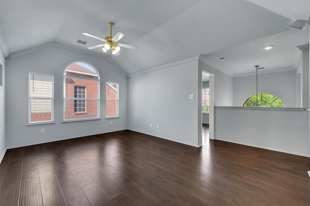 1102 Mccormick St, Garland, TX 75040 - empty room with a ceiling fan, plenty of natural light, vaulted ceiling, baseboards, and ornamental molding