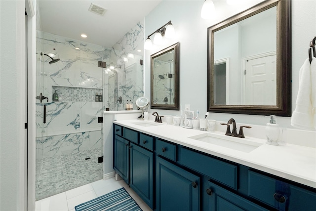 5798 Antique Rose Trl, Fairview, TX 75069 - full bathroom featuring a marble finish shower, double vanity, tile patterned flooring, and recessed lighting