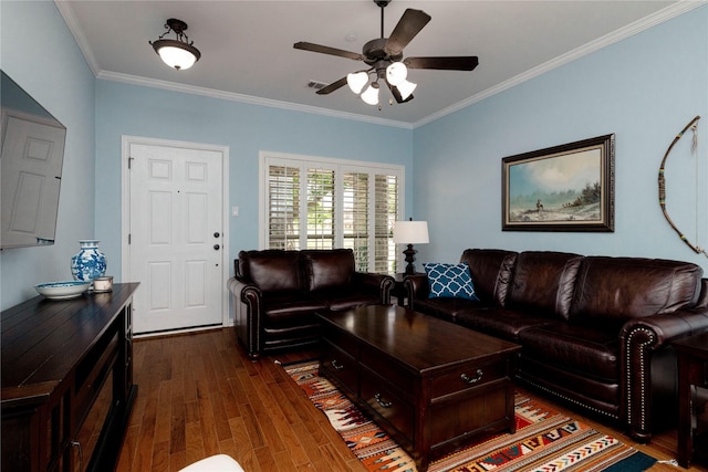 5798 Antique Rose Trl, Fairview, TX 75069 - living area with ceiling fan, crown molding, and dark wood finished floors