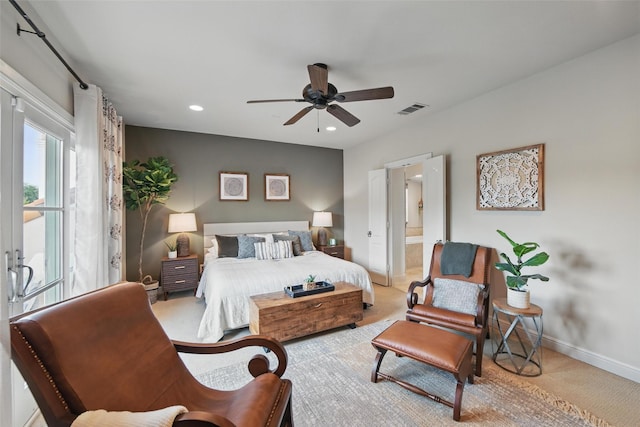261 Casa Blanca Ave, Fort Worth, TX 76107 - bedroom featuring carpet floors, recessed lighting, baseboards, ensuite bathroom, and ceiling fan