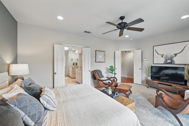 261 Casa Blanca Ave, Fort Worth, TX 76107 - bedroom with recessed lighting, a ceiling fan, ensuite bathroom, and light carpet