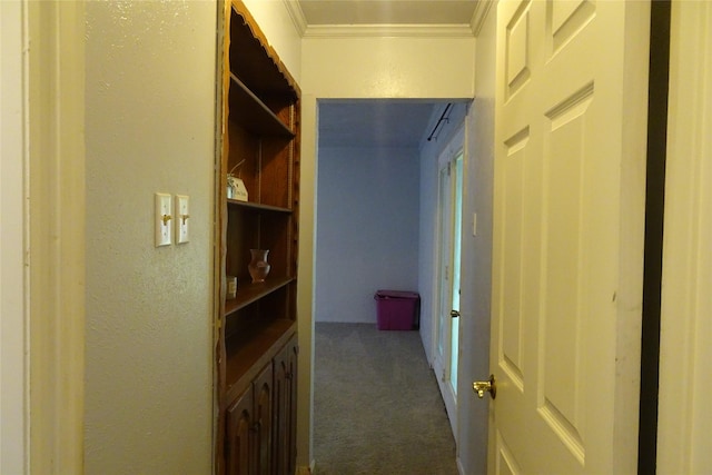 212 E Kearney St, Mesquite, TX 75149 - hall featuring dark carpet, ornamental molding, and a textured wall